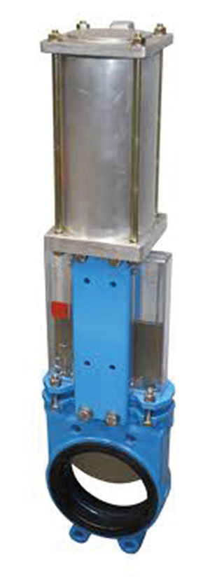 KNIFE GATE, UNIDIRECTIONAL/ CAST IRON, STAINLESS STEEL BLADE/ TO SUIT PN10/16 FLANGES/ DOUBLE ACTING PNEUMATIC ACTUATOR-0